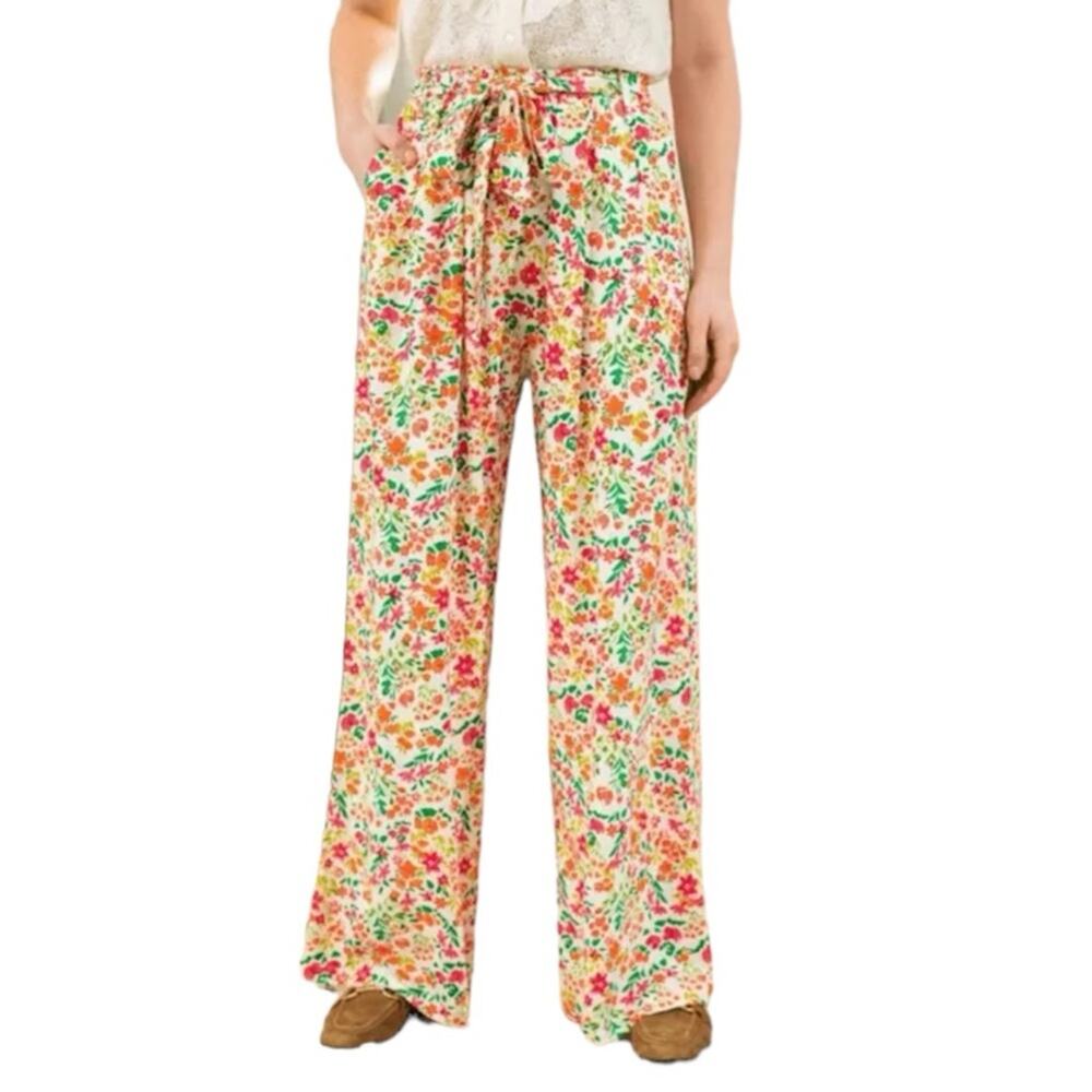 La Petite Etoile Wide Leg Linen Pants Floral Print Flowy Stretchy Size 2 $88
